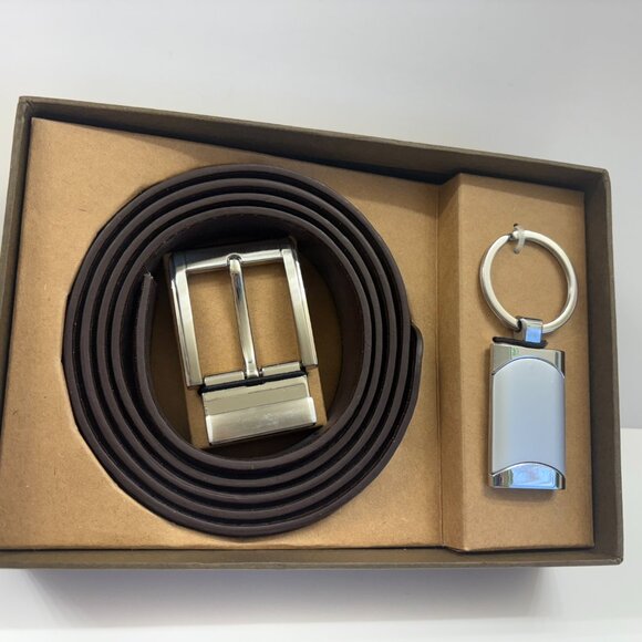 Men's Gift Set - Gift Box Brown Faux Leather Belt & Silver Keychain - New In Box - Picture 2 of 6